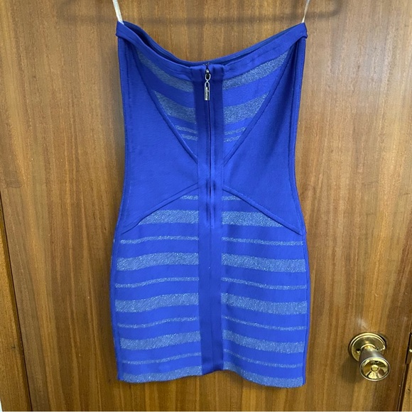 Marciano by Guess Blue Shimmer Strapless Tube Striped Bodycon Bandage Mini Dress - Picture 5 of 6